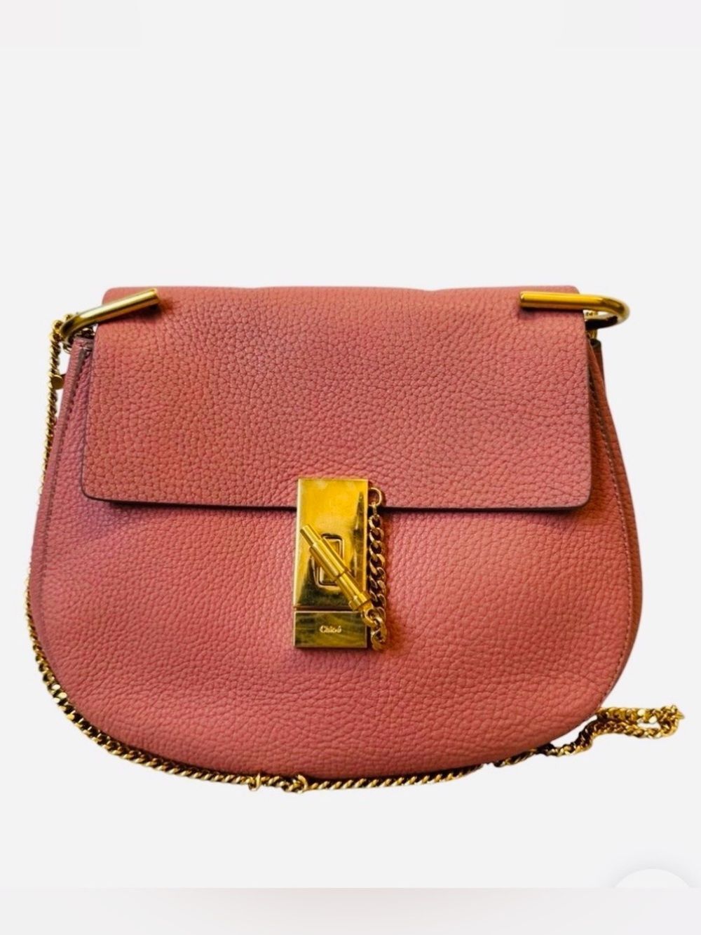 Chloe Drew Medium Apricot Rose Leather Gold Chainlink Strap Crossbody Bag